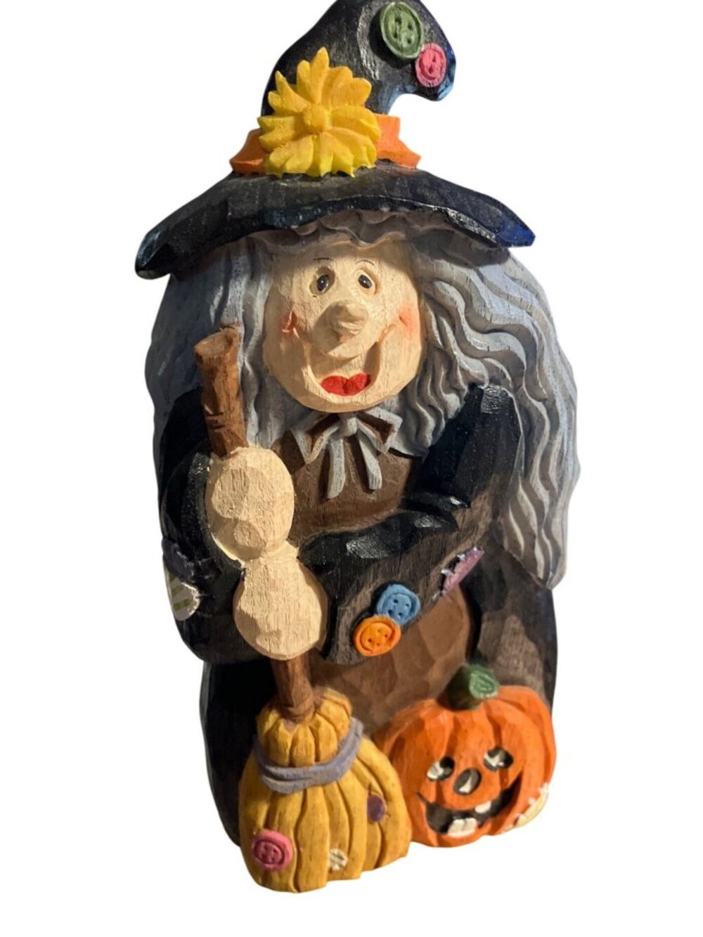 Hand Painted Halloween Witch Figurine With Broom & Pumpkin Rustic Fall Decor - Picture 3 of 11